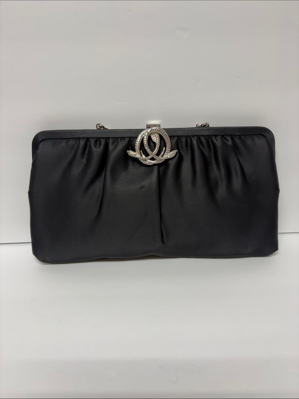 VTG Black Satin Witchy Goth Evening Clutch with silver tone Double Snake Clasp